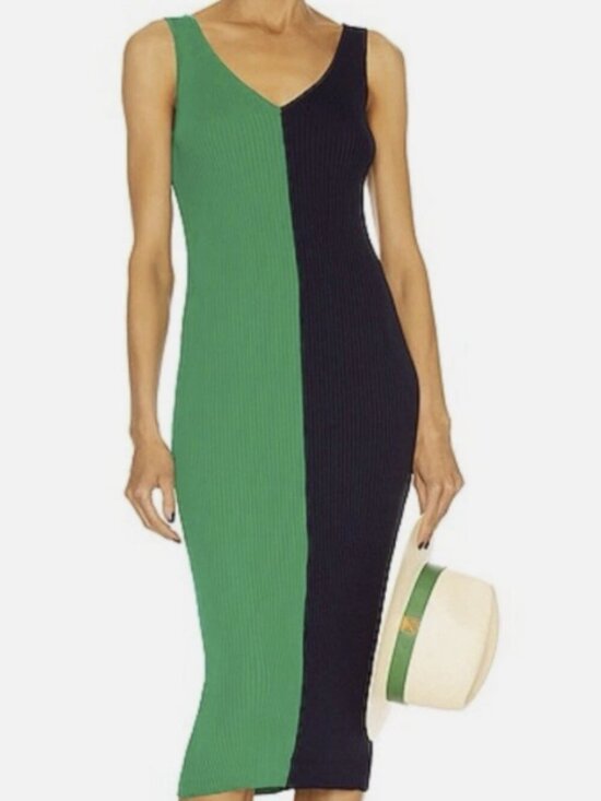 STAUD Dresses & Skirts - STAUD $195 Dana colorblock ribbed body-con midi dress-Deep and Clover